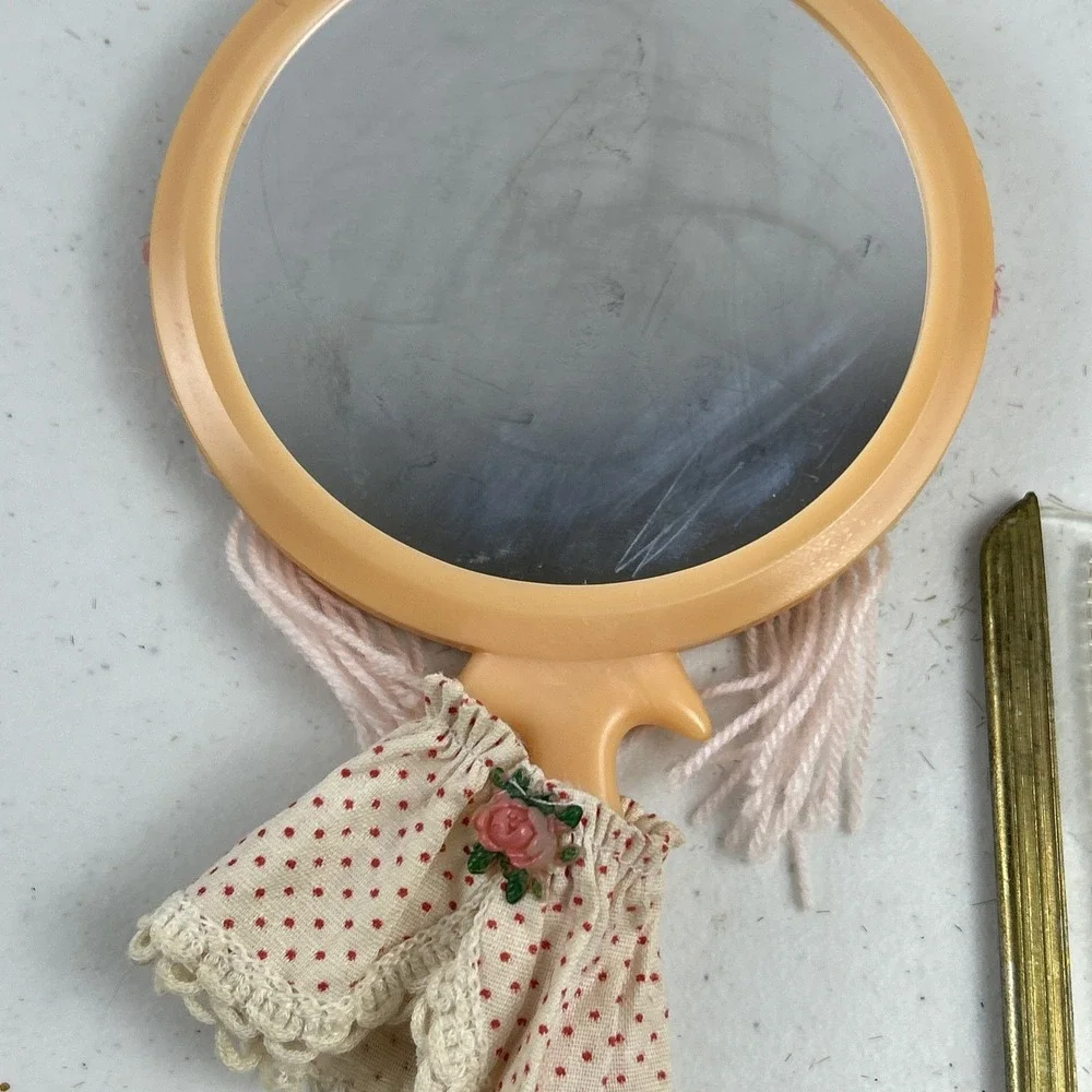 Vintage‎ Child's Doll Face Kitschy Hand Vanity Mirror, Comb, Brush Set